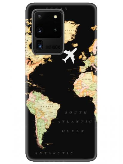 Samsung S20 Ultra Dünya Haritalı Siyah Telefon Kılıfı
