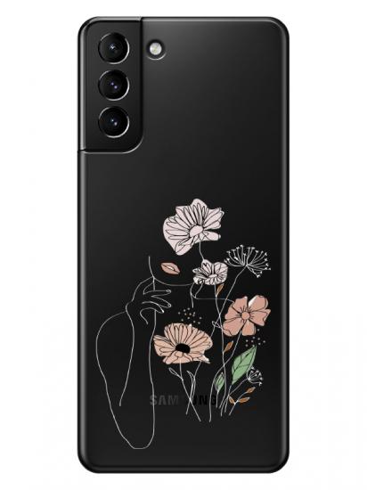 Samsung S21 Kadın Çiçek Şeffaf Telefon Kılıfı