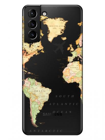 Samsung S21 Dünya Haritalı Şeffaf Telefon Kılıfı