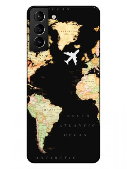 Samsung S21 Dünya Haritalı Siyah Telefon Kılıfı