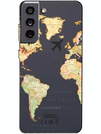 Samsung S21 FE Dünya Haritalı Şeffaf Telefon Kılıfı