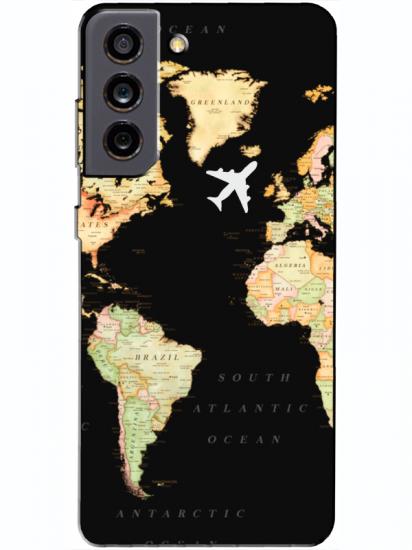 Samsung S21 FE Dünya Haritalı Siyah Telefon Kılıfı