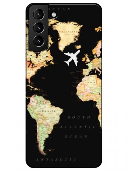 Samsung S21 Plus Dünya Haritalı Siyah Telefon Kılıfı