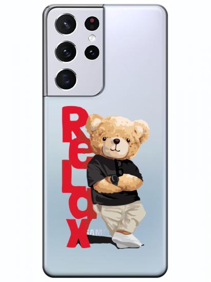 Samsung S21 Ultra Teddy Bear Relax Şeffaf Telefon Kılıfı