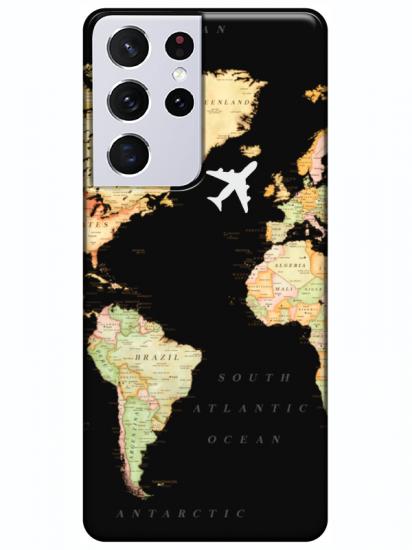 Samsung S21 Ultra Dünya Haritalı Siyah Telefon Kılıfı