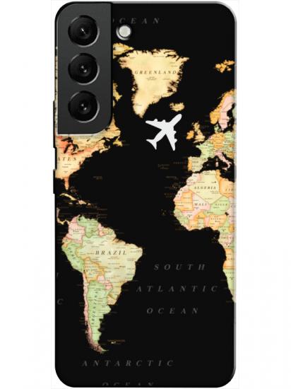 Samsung S22 Dünya Haritalı Siyah Telefon Kılıfı