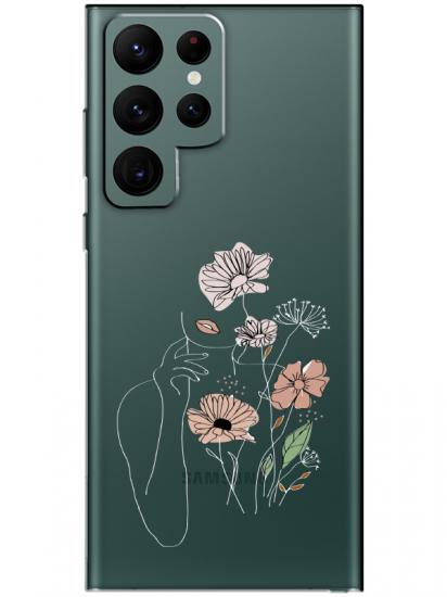 Samsung S22 Ultra Kadın Çiçek Şeffaf Telefon Kılıfı