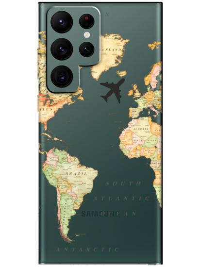 Samsung S22 Ultra Dünya Haritalı Şeffaf Telefon Kılıfı