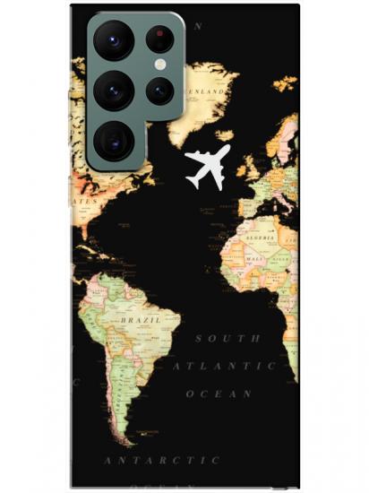 Samsung S22 Ultra Dünya Haritalı Siyah Telefon Kılıfı