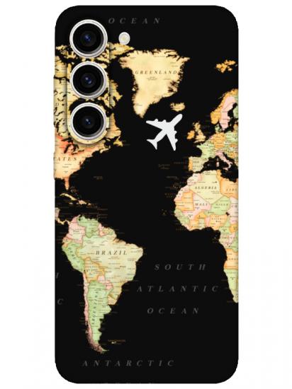 Samsung S23 Dünya Haritalı Siyah Telefon Kılıfı