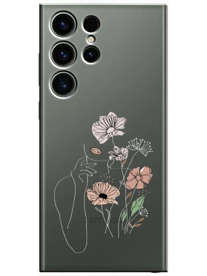 Samsung S23 Ultra Kadın Çiçek Şeffaf Telefon Kılıfı
