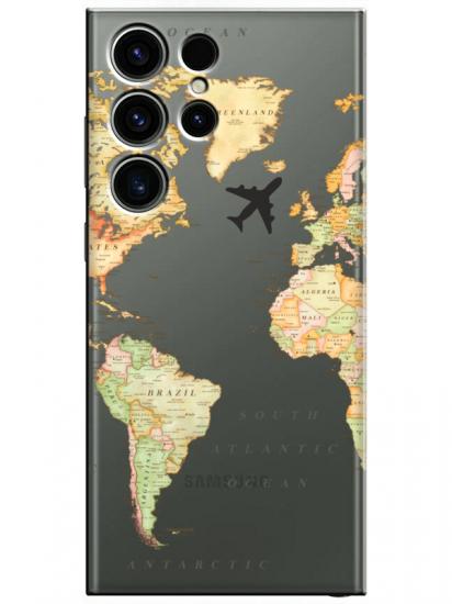 Samsung S23 Ultra Dünya Haritalı Şeffaf Telefon Kılıfı