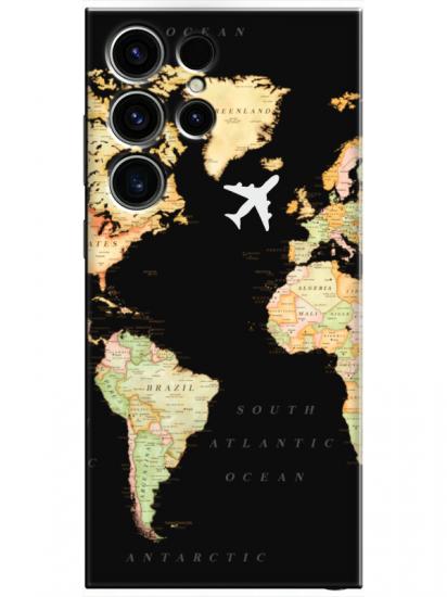 Samsung S23 Ultra Dünya Haritalı Siyah Telefon Kılıfı