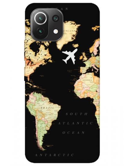 Xiaomi Mi 11 Lite Dünya Haritalı Siyah Telefon Kılıfı