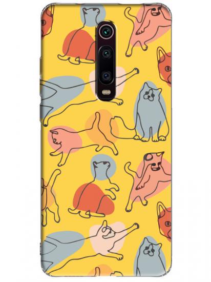 Xiaomi Mi 9T Kedi Figürleri Sarı Telefon Kılıfı