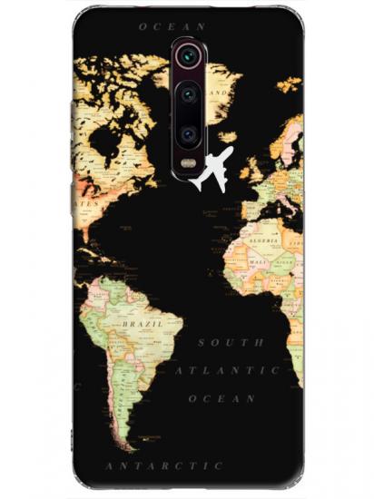 Xiaomi Mi 9T Dünya Haritalı Siyah Telefon Kılıfı
