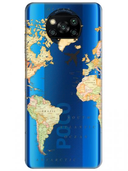 Poco X3 NFC Dünya Haritalı Şeffaf Telefon Kılıfı