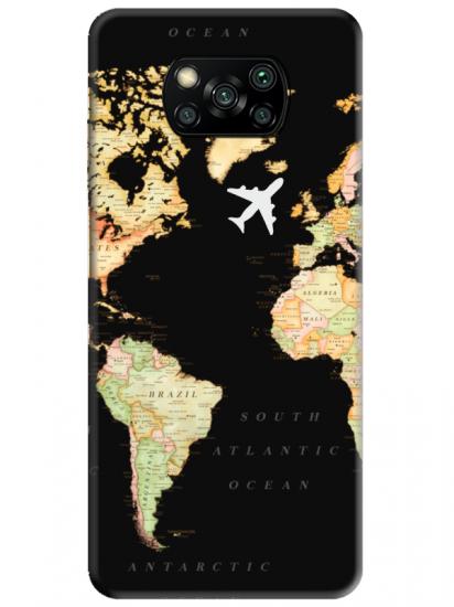 Poco X3 NFC Dünya Haritalı Siyah Telefon Kılıfı