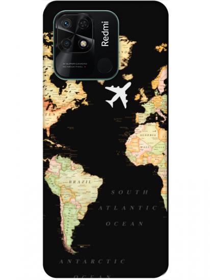 Redmi 10C Dünya Haritalı Siyah Telefon Kılıfı