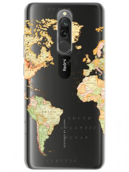 Redmi 8 Dünya Haritalı Şeffaf Telefon Kılıfı
