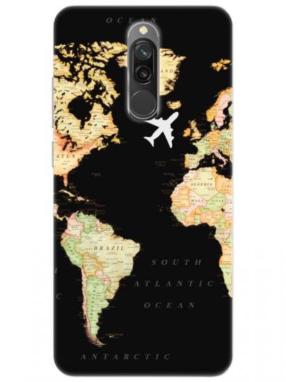 Redmi 8 Dünya Haritalı Siyah Telefon Kılıfı