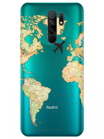 Redmi 9 Dünya Haritalı Şeffaf Telefon Kılıfı