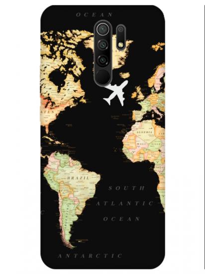 Redmi 9 Dünya Haritalı Siyah Telefon Kılıfı