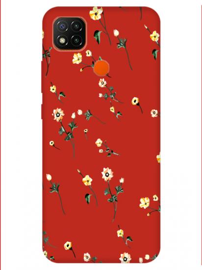 Redmi 9C Çiçek Desenli Kırmızı Telefon Kılıfı