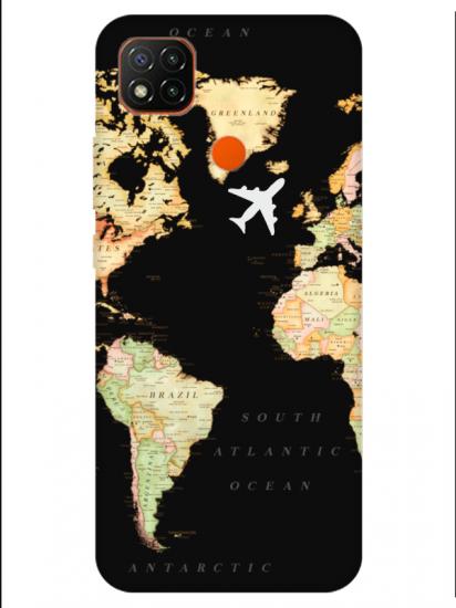 Redmi 9C Dünya Haritalı Siyah Telefon Kılıfı