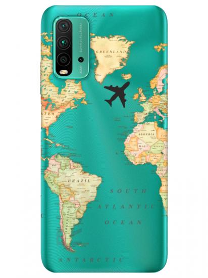 Redmi 9T Dünya Haritalı Şeffaf Telefon Kılıfı