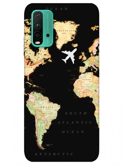 Redmi 9T Dünya Haritalı Siyah Telefon Kılıfı